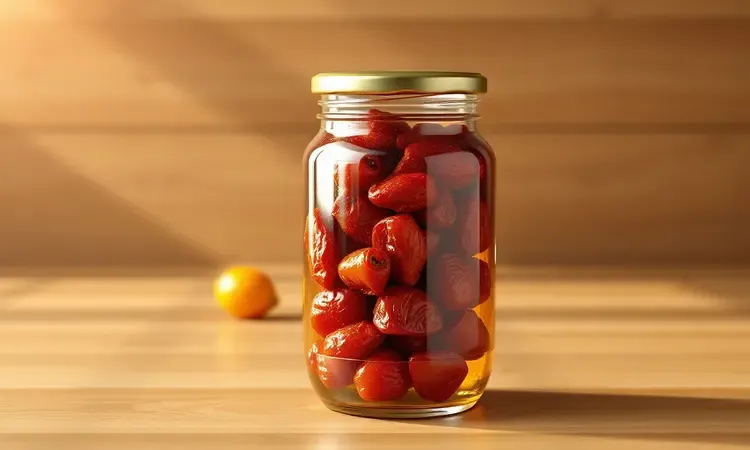 Pote de vidro conceitual preenchido com tomates secos imersos em azeite dourado sobre uma mesa de madeira.