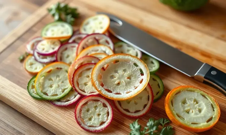 Fatias extra finas de vegetais dispostas sobre uma tábua de madeira para destacar a técnica de corte.