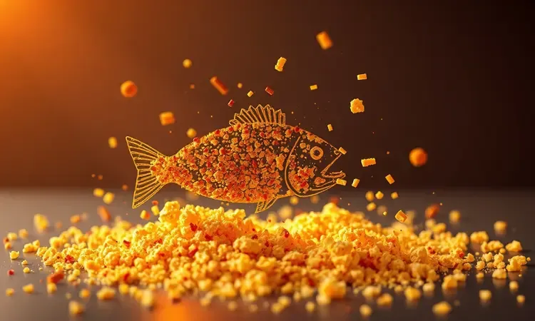 Representação artística de textura crocante e dourada de empanado para peixes.