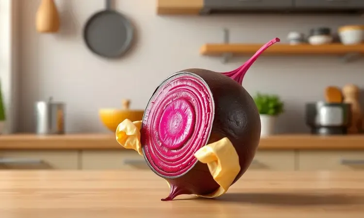 Beterraba assada com a casca deslizando suavemente para revelar o interior magenta brilhante.