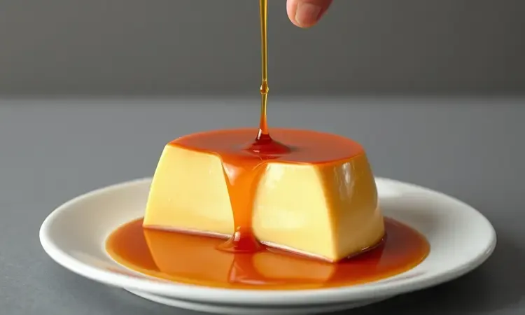 Pudim liso e perfeito sendo servido em um prato, destacando a textura cremosa e sem furinhos.