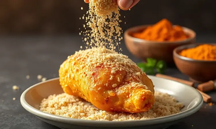 Close-up conceitual de uma coxinha sendo empanada em farinha crocante com temperos vibrantes ao redor.