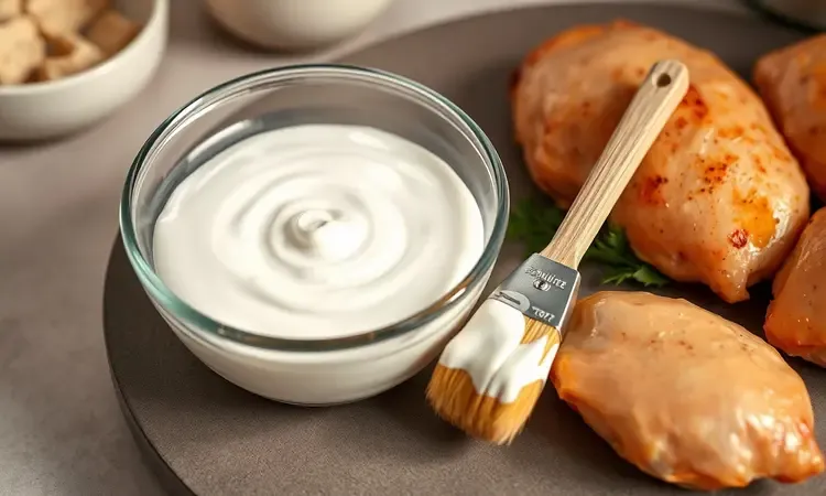Ingredientes alternativos ao ovo para empanar frango em uma composição artística com iluminação suave.
