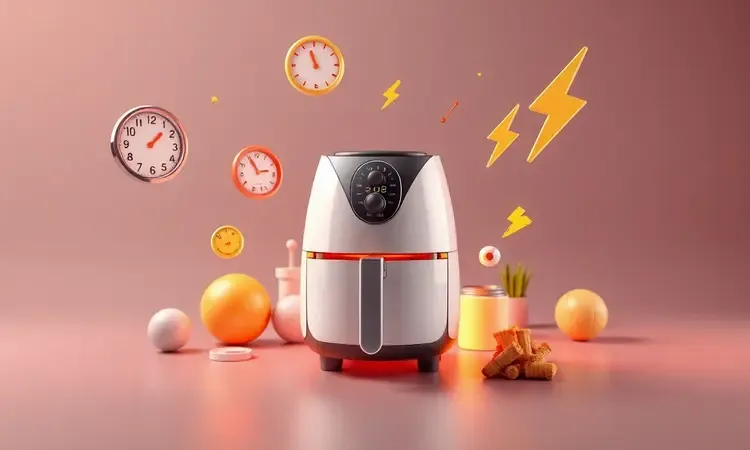 Ilustração 3D com ícones de funções e uma air fryer estilizada, representando critérios de escolha técnica do produto.