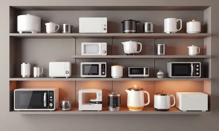 Cena 3D com diferentes modelos conceituais de fritadeiras elétricas organizadas em um ambiente de cozinha moderno.