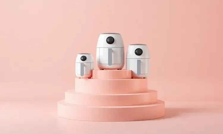 Comparação conceitual de tamanhos e capacidades de diferentes modelos de fritadeiras elétricas em estilo 3D.
