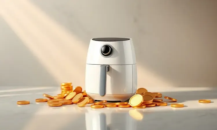 Representação conceitual em 3D de uma air fryer estilizada em uma bancada iluminada com luzes quentes.
