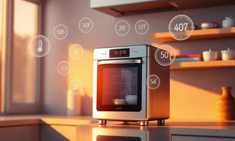Ilustração 3D conceitual de elementos de escolha e ajuste de uma air fryer oven moderna com luzes quentes.