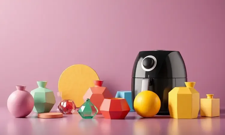 Ilustração conceitual em 3D sobre como escolher a melhor airfryer de 4 litros para sua cozinha.
