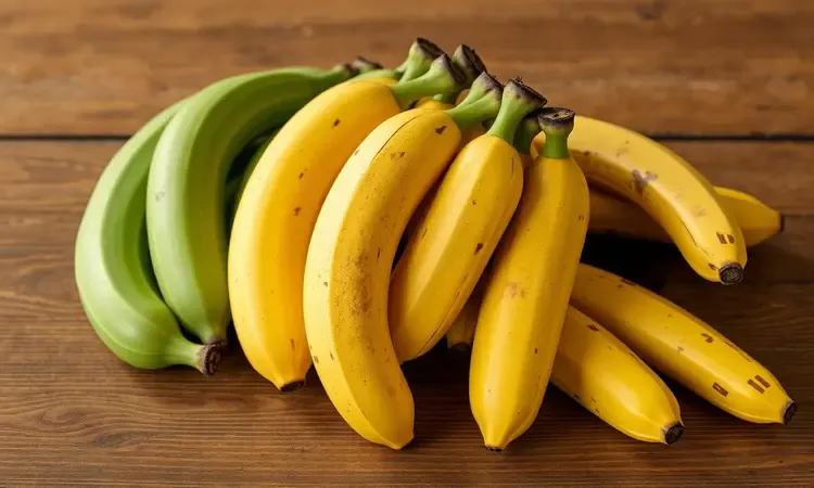 Diferentes estágios de maturação da banana-da-terra, do verde ao maduro, em uma superfície de madeira estilizada.