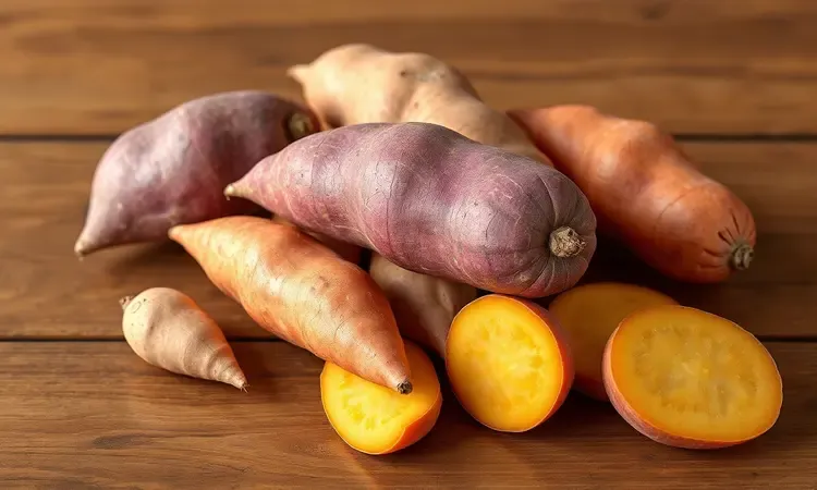 Variedade de batatas-doces com cascas coloridas dispostas de forma artística sobre uma superfície rústica.
