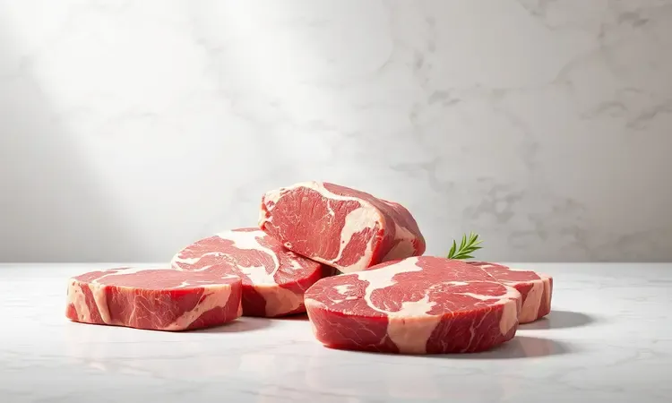 Ilustração 3D conceitual de cortes de carne bovina com textura marmorizada em uma superfície de mármore limpa.