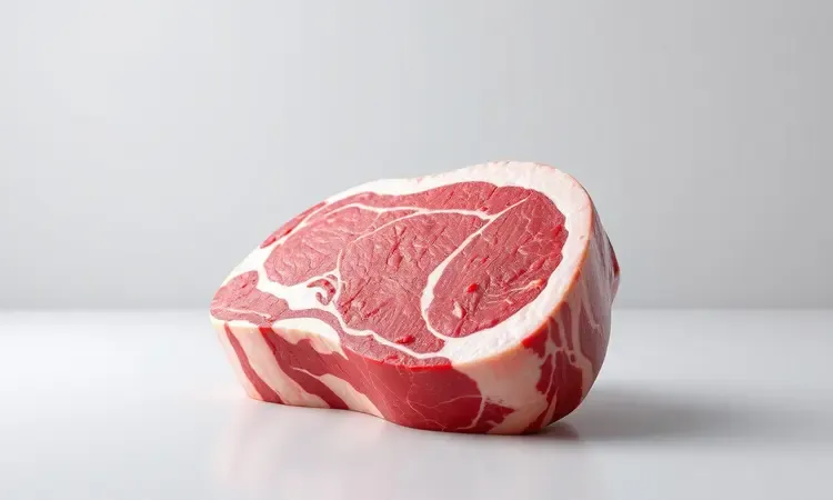 Corte de chuleta bovina crua com marmoreio perfeito em um fundo minimalista e iluminado.