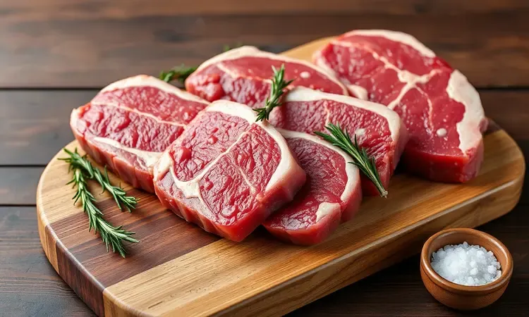 Cortes de carne crus de alta qualidade com temperos naturais sobre uma tábua de madeira rústica.