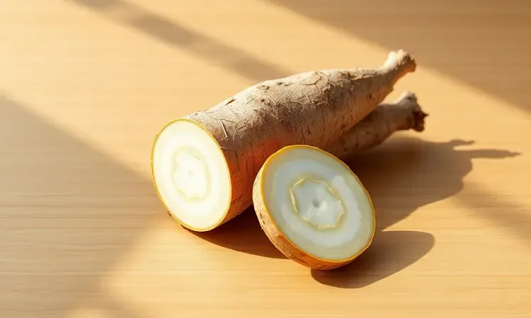 Mandioca fresca com interior branco em uma mesa de madeira iluminada pelo sol.