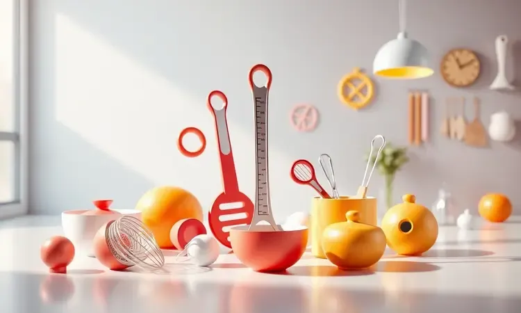 Elementos conceituais de medição e escolha para eletrodomésticos de cozinha em renderização 3D colorida.
