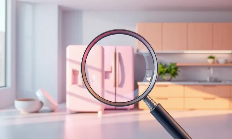 Cena 3D artística com uma lupa focando em detalhes de um eletrodoméstico moderno e minimalista.