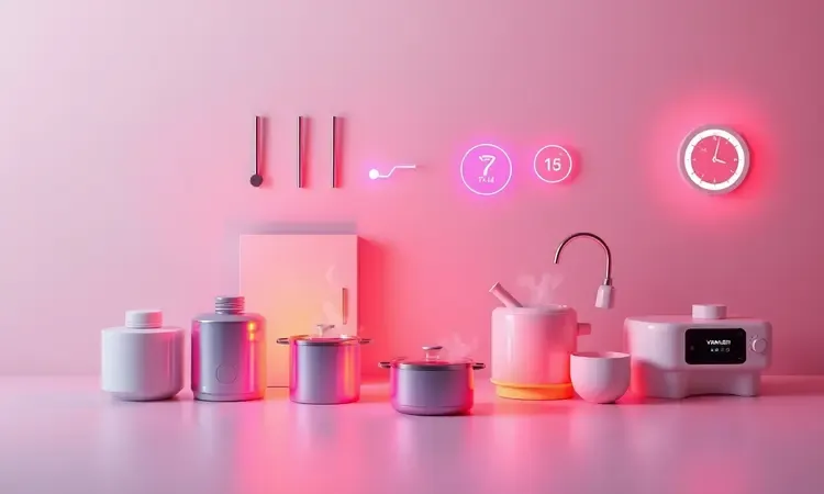 Elementos conceituais de uma air fryer oven em 3D com luzes suaves e cores vibrantes simbolizando tecnologia.