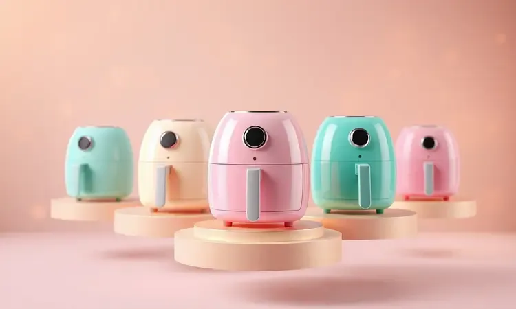Modelos conceituais de airfryers pequenas em diferentes cores organizadas de forma artística para guia de compra.