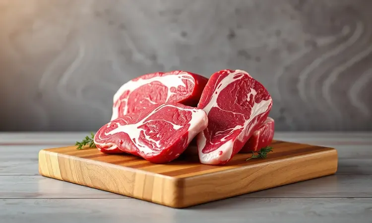 Cortes de carne bovina de alta qualidade com marmoreio em cima de uma tábua de madeira estilizada em render 3D vibrante.