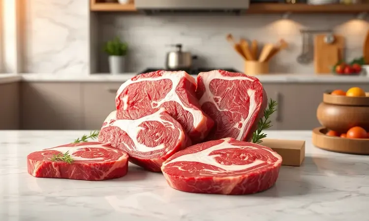 Peça de carne maminha com marmoreio de qualidade exibida em uma superfície de mármore minimalista.