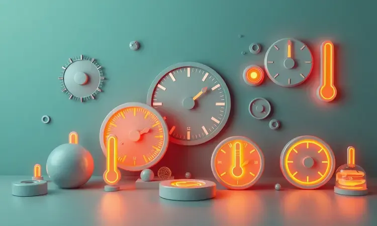 Ícones conceituais de controle de temperatura e funções em renderização 3D colorida e moderna.