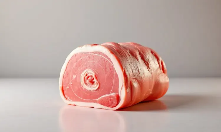 Peça de panceta suína fresca com camadas de carne e gordura em estilo 3D conceitual.