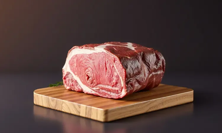 Peça de carne fresca com marmoreio de gordura destacada por iluminação quente em ambiente de cozinha minimalista.