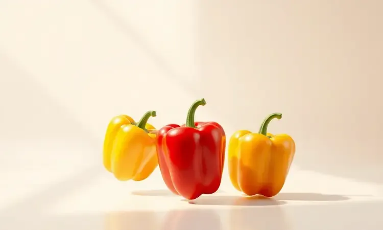 Três pimentões vibrantes nas cores verde, amarelo e vermelho flutuando em uma composição artística 3D.