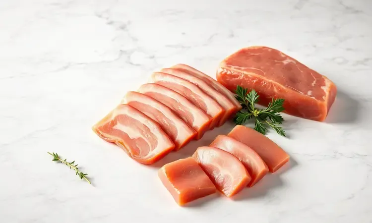 Diferentes cortes de carne de porco como toucinho e panceta representados em estilo 3D conceitual vibrante.