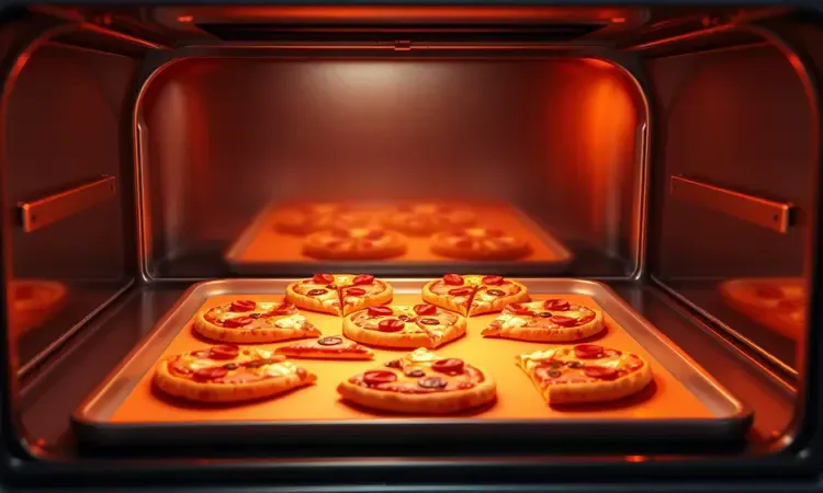 Fatias de pizza em uma assadeira dentro de um forno com luz quente e acolhedora.