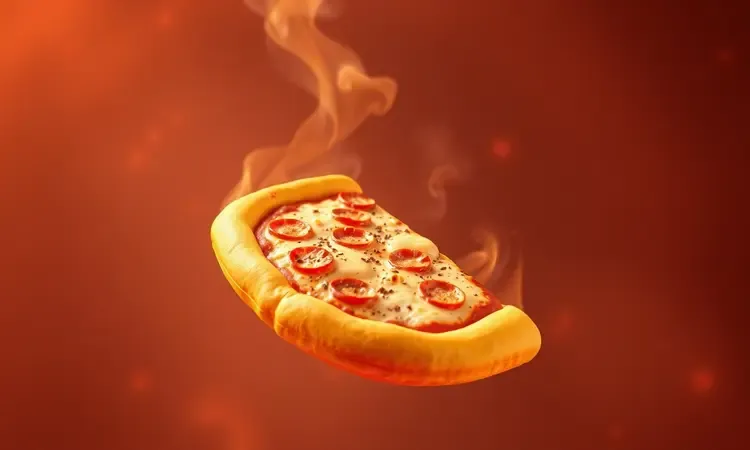 Fatia de pizza sendo reaquecida em uma fritadeira elétrica com destaque para a textura crocante e queijo derretido.