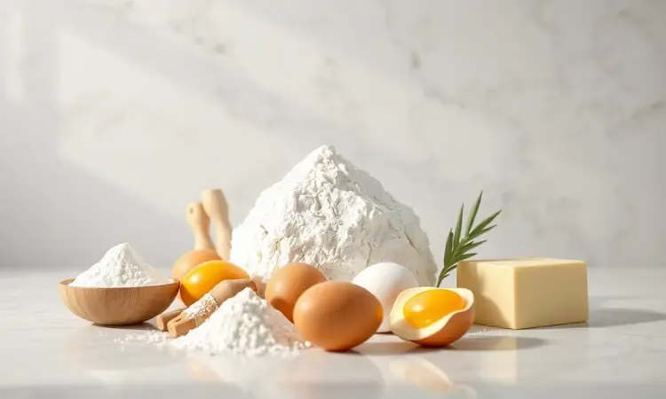 Ingredientes de confeitaria como farinha e ovos organizados de forma artística em um balcão de cozinha.