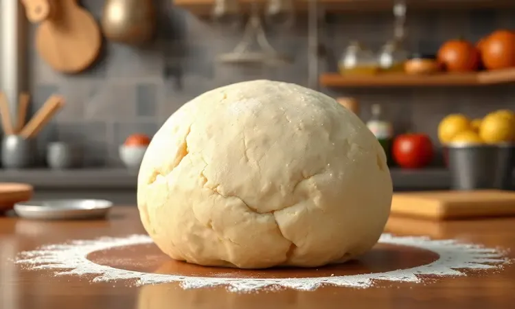 Representação artística de uma massa de coxinha perfeita e homogênea em um ambiente de cozinha colorida.