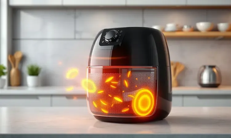 Cesto de airfryer ilustrado em 3D com foco na circulação de ar quente para cozinhar a massa.