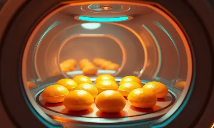 Cena 3D de bolinhos de queijo dourados e intactos dentro de uma câmara de cozimento moderna com luzes quentes.