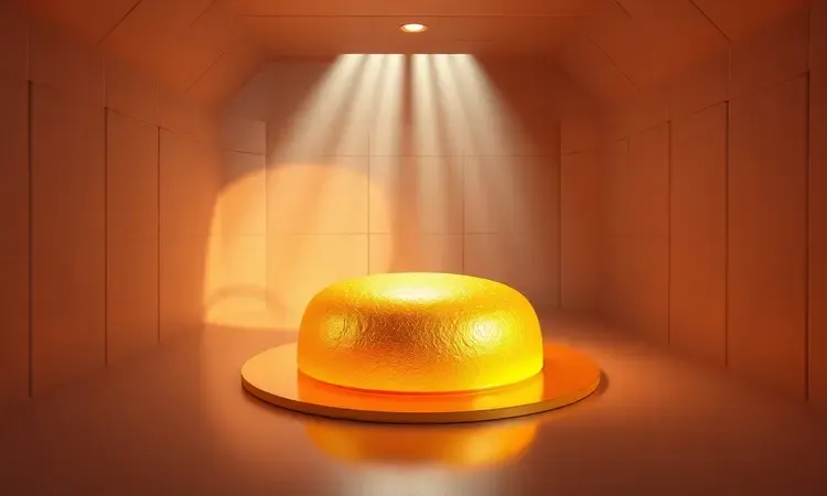 Visualização 3D de luzes suaves e calor distribuído uniformemente sobre um bolo dourado perfeito.