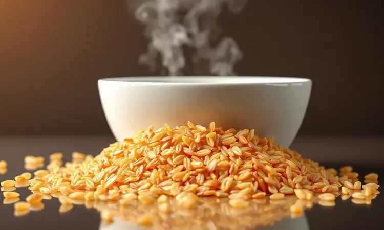 Grãos de arroz integral em uma tigela estilizada com iluminação suave e cores vibrantes em renderização 3D.