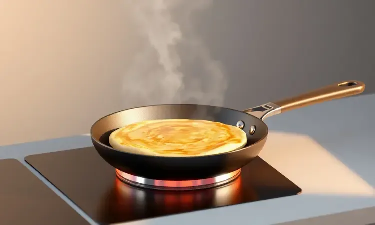 Uma frigideira moderna preparando uma bruaca dourada com efeitos de calor estilizados e luz suave.