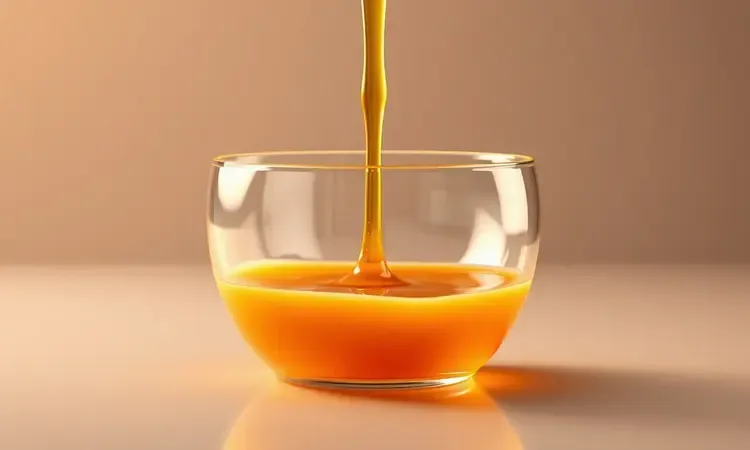 Calda de caramelo líquida e dourada sendo despejada suavemente em um recipiente transparente com brilho intenso.