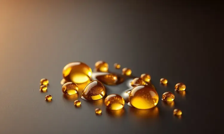 Visão conceitual 3D de gotas de óleo dourado sobre uma superfície escura e lisa de revestimento antiaderente.