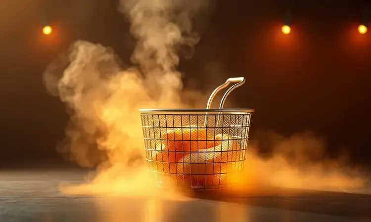 Representação visual conceitual de um cesto de fritadeira recebendo uma camada protetora dourada, simbolizando o processo de cura.
