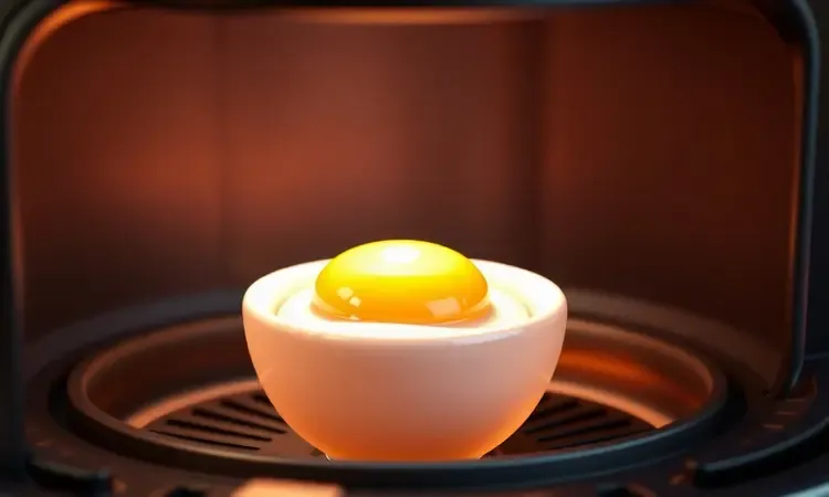Ovo com gema perfeita em um pequeno recipiente colorido dentro de uma air fryer estilizada em 3D.