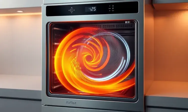 Representação conceitual em 3D do fluxo de ar quente e circulação de calor dentro de uma fritadeira moderna.