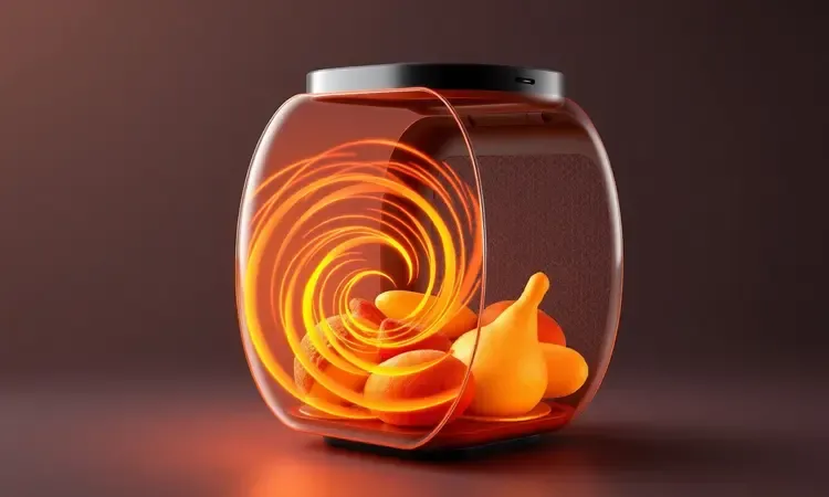 Ilustração 3D mostrando o fluxo de ar quente circulando dentro de uma fritadeira elétrica sem óleo.