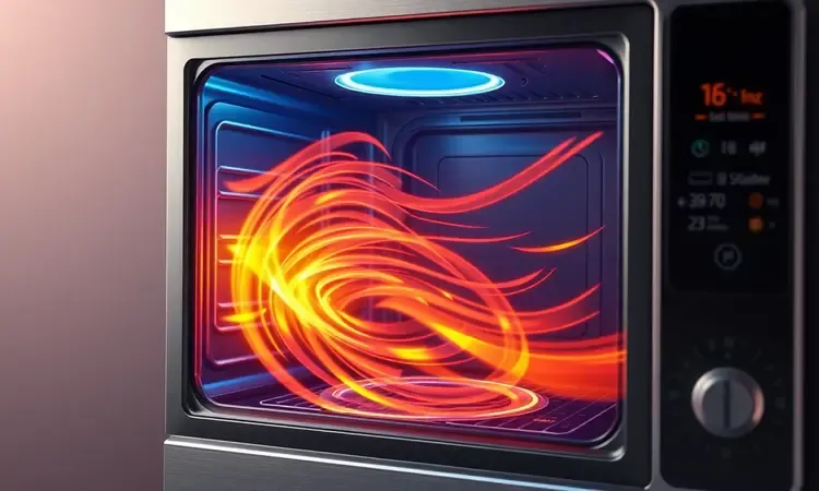 Representação conceitual da convecção de ar quente circulando dentro de uma air fryer moderna com luzes vibrantes.