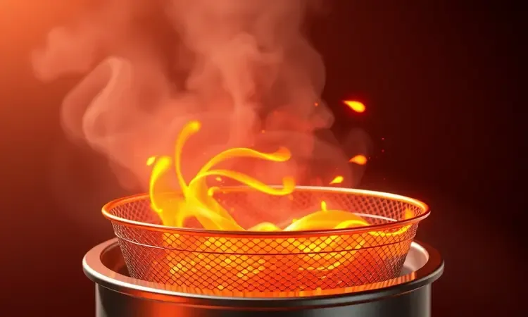 Representação visual 3D do fluxo de ar quente e calor circulando de forma dinâmica dentro de uma cavidade tecnológica.