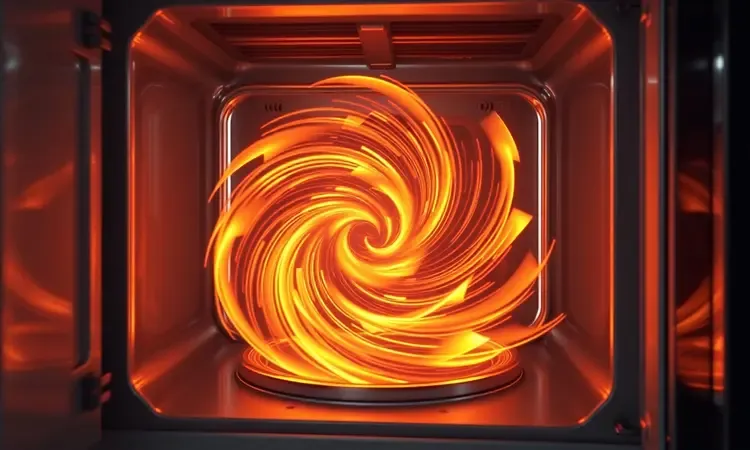 Representação visual 3D conceitual do redemoinho de ar quente circulando dentro de uma fritadeira elétrica.