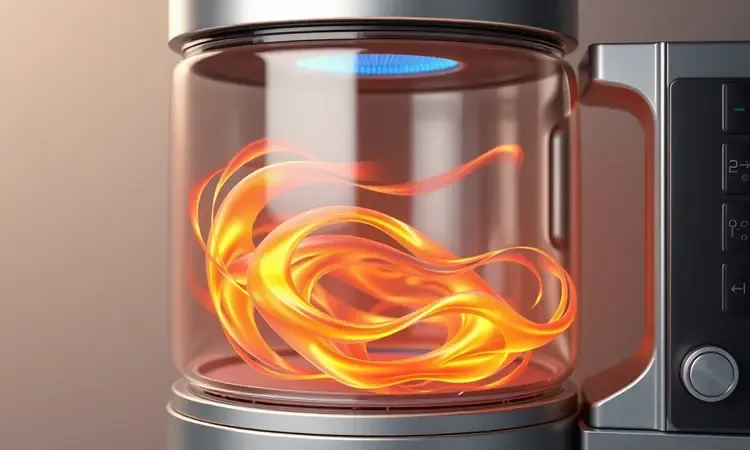 Representação 3D conceitual da circulação de ar quente e calor dentro de um eletrodoméstico moderno e minimalista.
