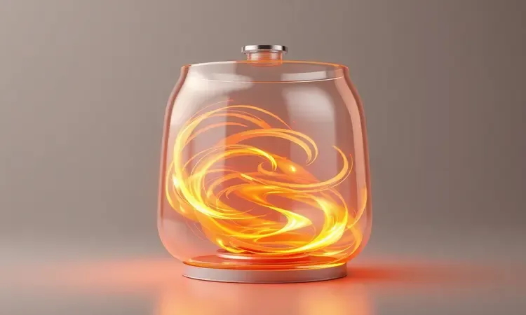 Representação visual 3D do fluxo de ar quente circulando de forma dinâmica dentro de uma cavidade de fritadeira estilizada.